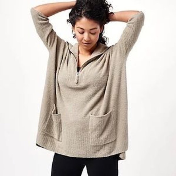 Barefoot Dreams CozyChic Lite Half Zip Rolled Edge Tunic Khaki Sz1X - Picture 2 of 10